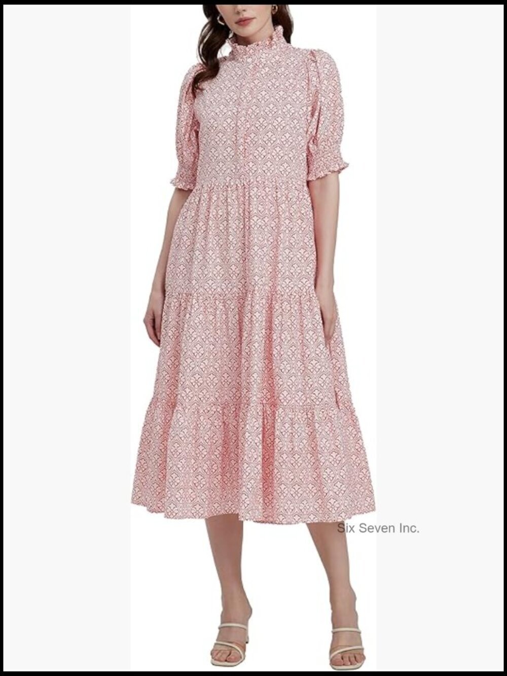 Floral V-Neck Maxi Dress with Puff Sleeves and Side Pockets